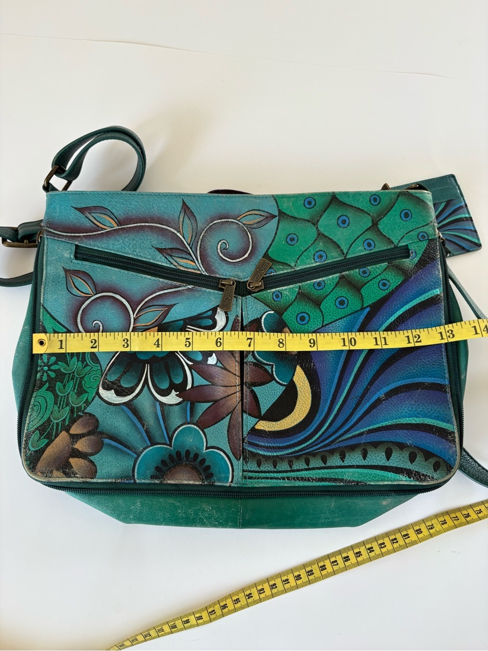 Anuschka Hobo Bag Purse Hand Painted Floral Peacock Leather Green Blue Artsy - Picture 11 of 12